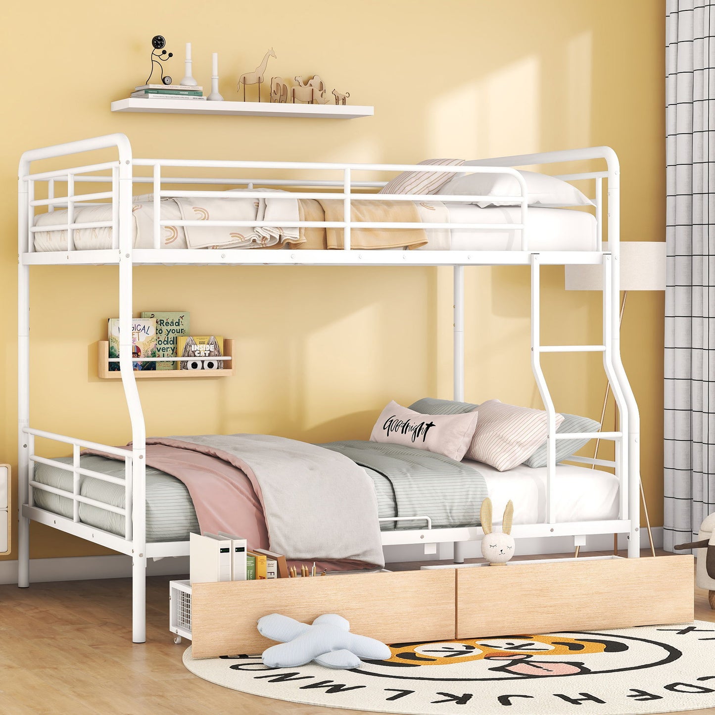 Full Long Over Queen Bunk Bed With 2 Drawers - White