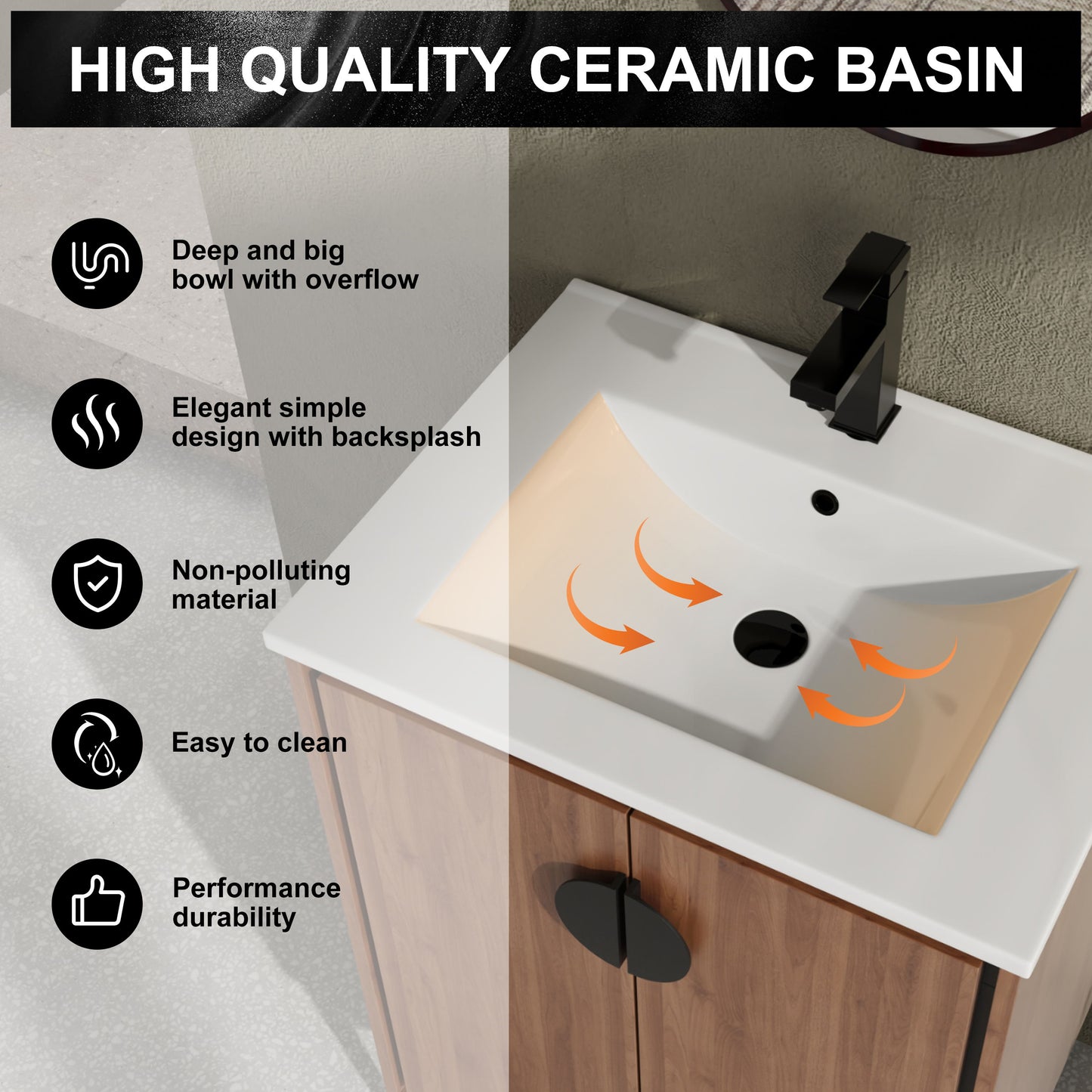 Modern 24'' Bathroom Vanity With Top Sink Storage Cabinet - Brown