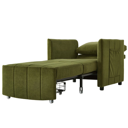 Upholstered Convertible Sleeper Sofa With Adjustable Backrest, Side Pockets, Storage Basket - Green