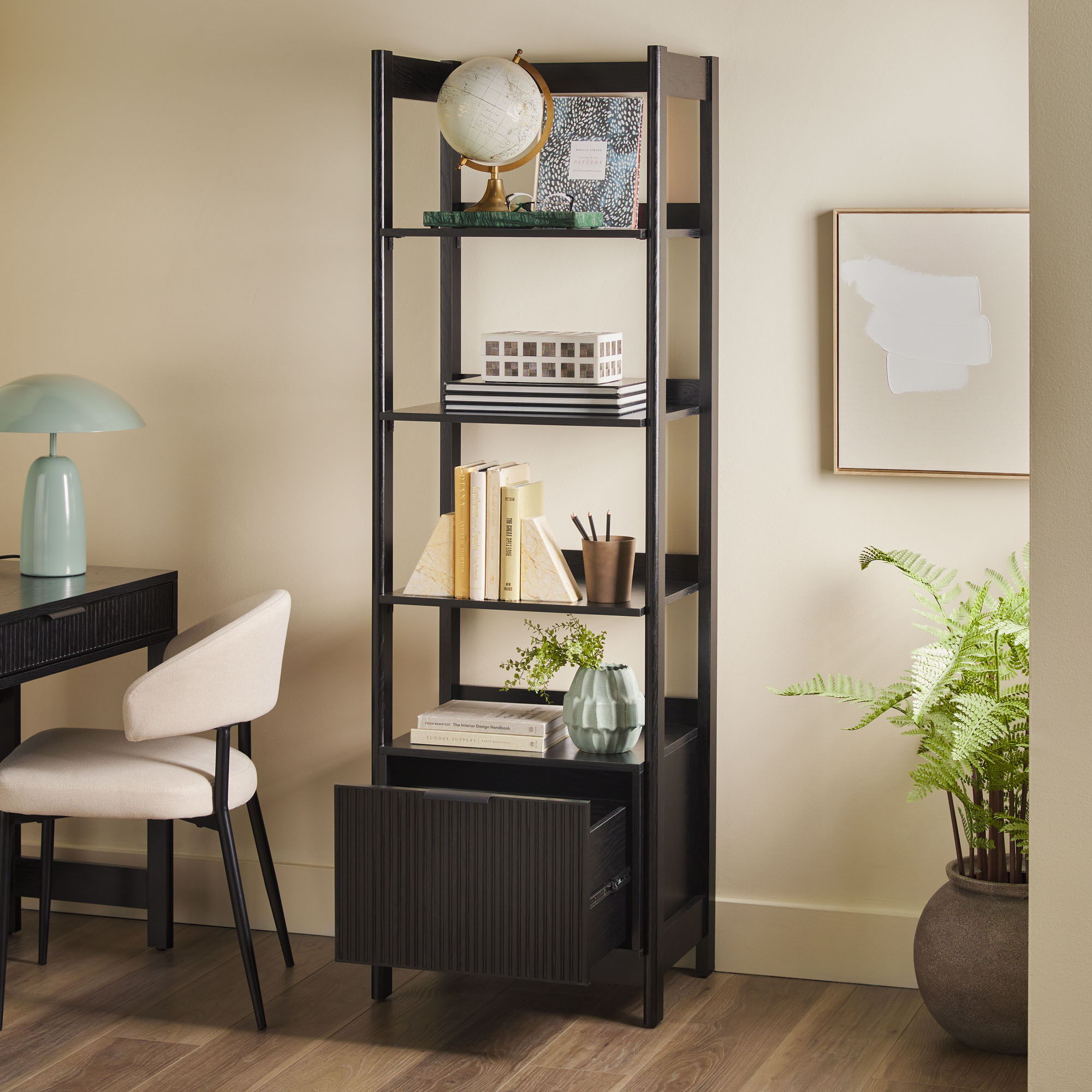 Transitional Narrow Bookshelf With Drawer On Bottom - Black