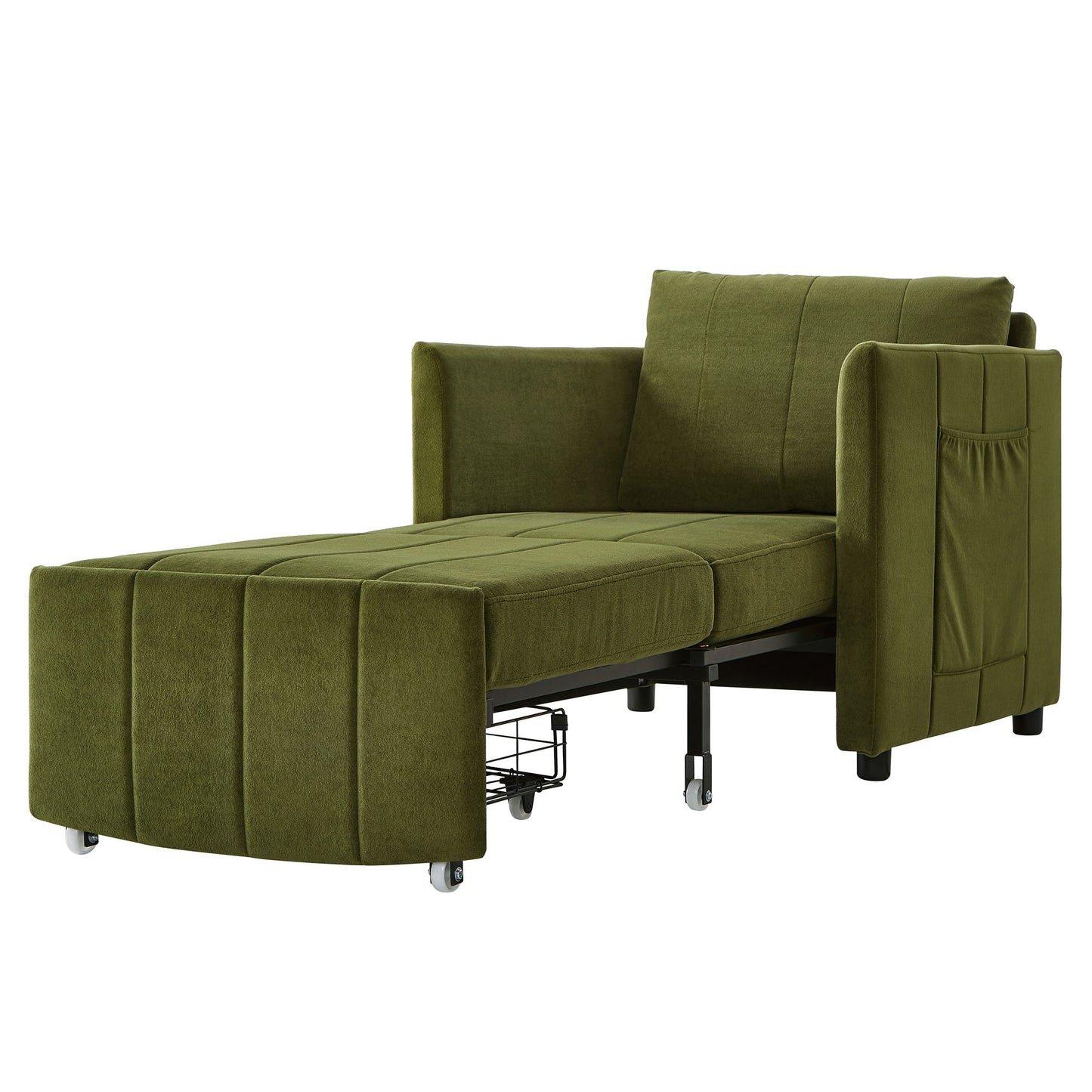 Upholstered Convertible Sleeper Sofa With Adjustable Backrest, Side Pockets, Storage Basket - Green