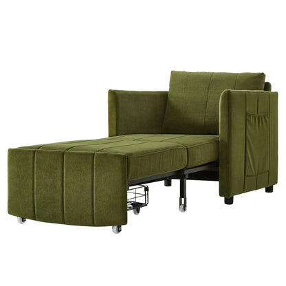 Upholstered Convertible Sleeper Sofa With Adjustable Backrest, Side Pockets, Storage Basket - Green