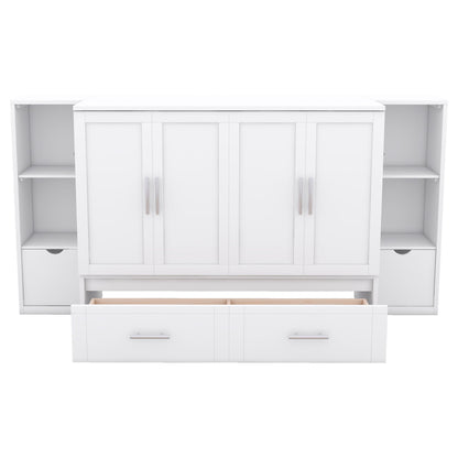 Full Size Murphy Bed With Shelves, Drawers And USB Ports - White