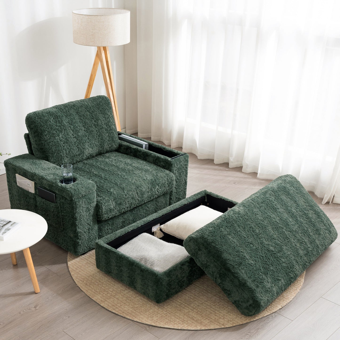 Oversized Chaise Lounge Indoor Rabbit Fur Sofa Bed With Storage Ottoman And Armrests Cup Holders With Deep Seat - Green