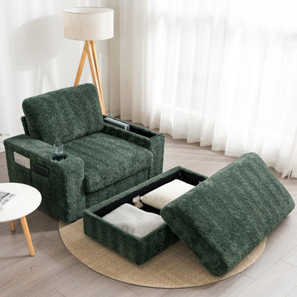 Oversized Chaise Lounge Indoor Rabbit Fur Sofa Bed With Storage Ottoman And Armrests Cup Holders With Deep Seat - Green