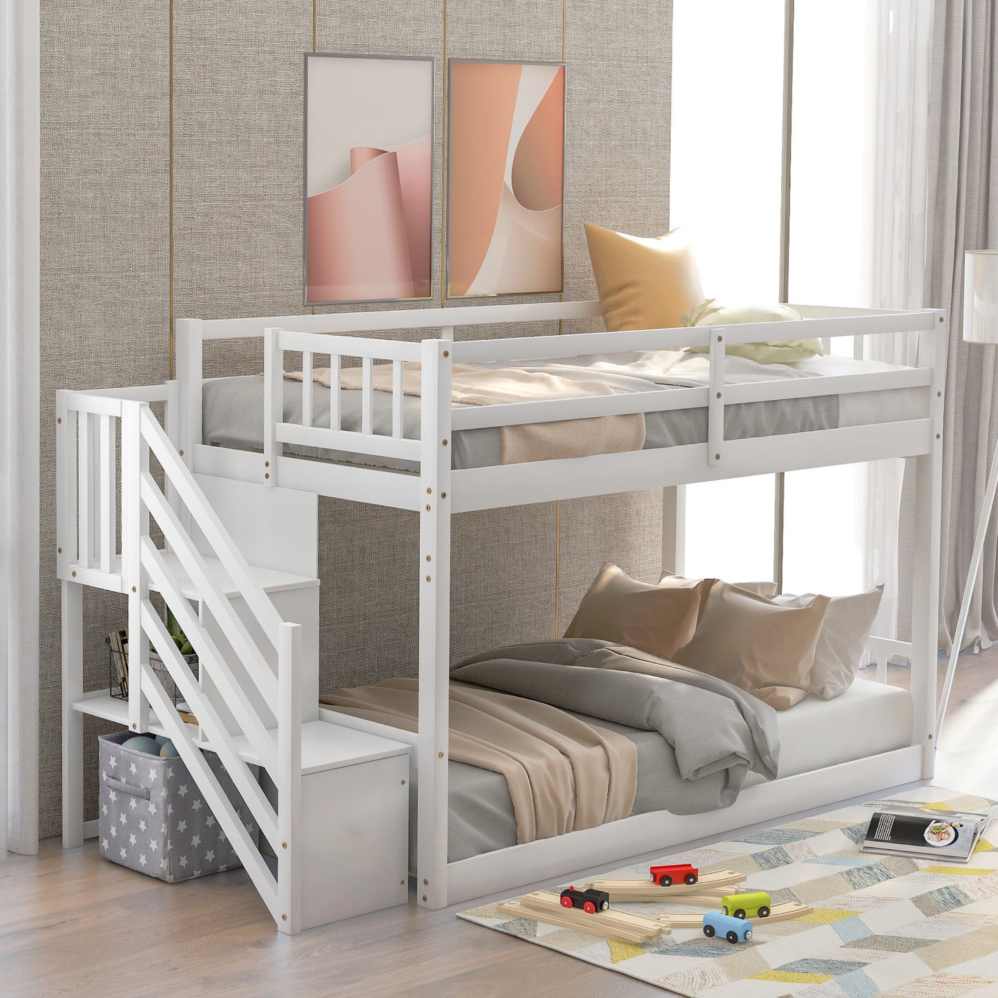 Twin Over Twin Floor Bunk Bed, Ladder With Storage - White