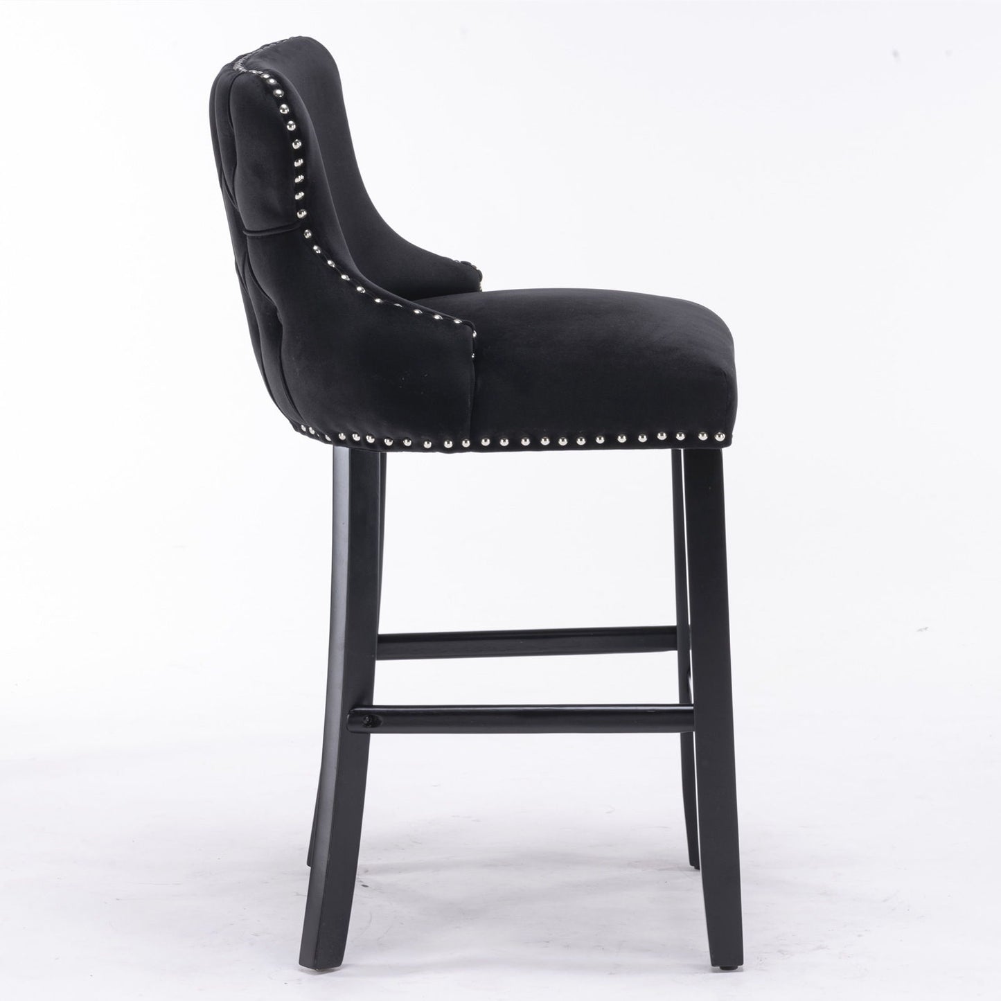 Contemporary Velvet Upholstered Wing-Back Barstools With Button Tufted Decoration And Wooden Legs, And Chrome Nailhead Trim, Leisure Style Bar Chairs, Bar Stools (Set of 4) - Black
