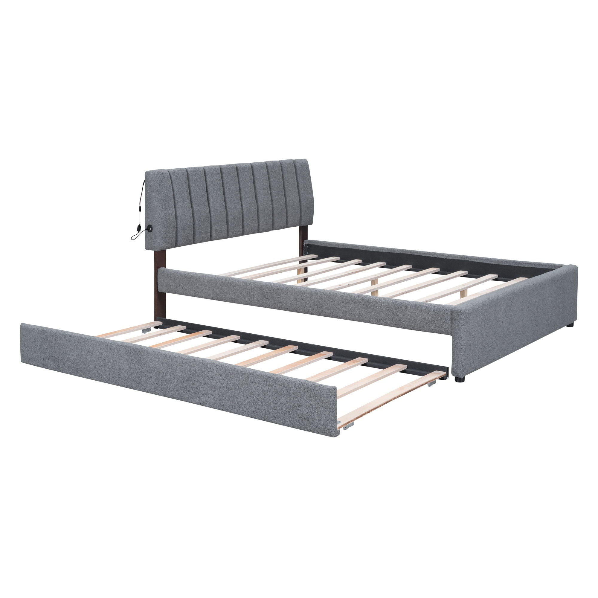 Queen Size Upholstered Platform Bed With Twin Long Trundle - Gray