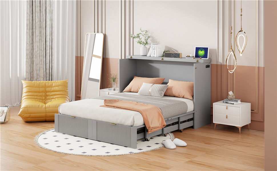 Full Size Murphy Bed With Drawer And A Set Of Sockets & USB Ports, Pulley Structure Design - Gray