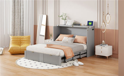 Full Size Murphy Bed With Drawer And A Set Of Sockets & USB Ports, Pulley Structure Design - Gray