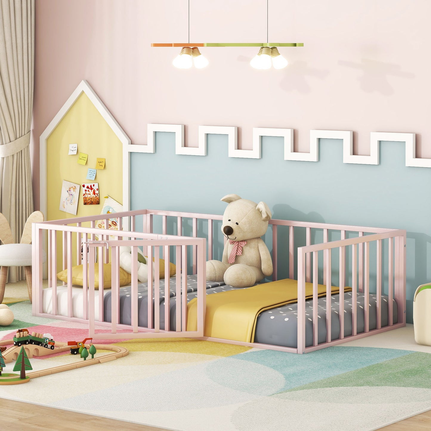 Twin Size Floor Bed Frame With Fence And Door - Pink