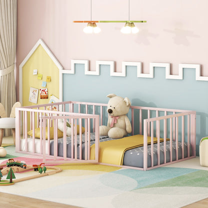 Twin Size Floor Bed Frame With Fence And Door - Pink