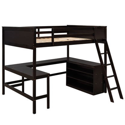 Full Size Loft Bed With Shelves With Desk - Espresso