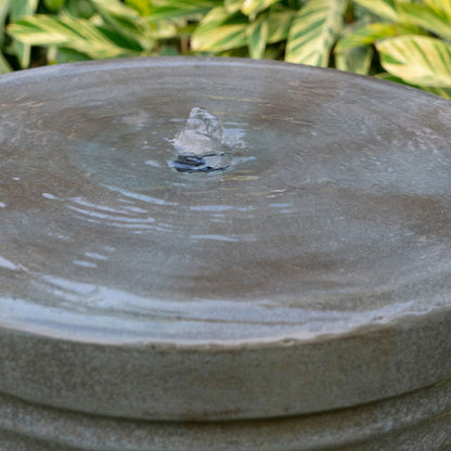 Tall Large Modern Cylinder Ribbed Tower Water Fountain With Rustic Base, Contemporary Antique Green Copper Outdoor Bird Feeder / Bath Cement Fountain - Antique Green