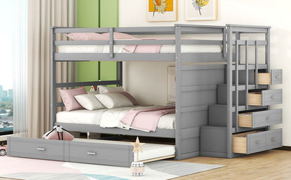 Full Over Full Bunk Bed With Twin Size Trundle And Staircase - Gray
