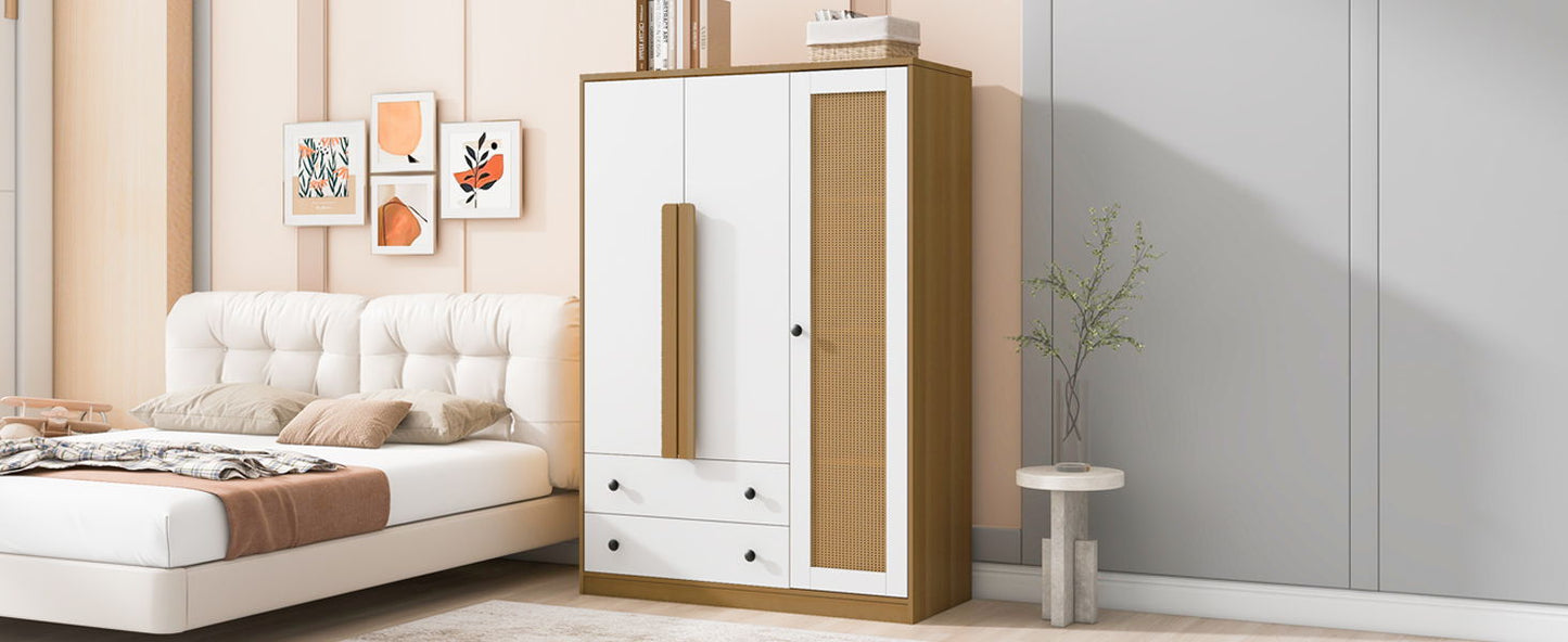3 Doors Rattan Wardrobe Storage For Bedroom, With 2 Drawers - White / Nature