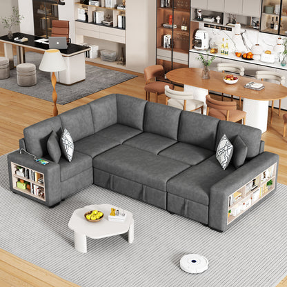 U-Shaped Sectional Sofa Pull-Out Sofa Bed With Two USB Ports, A Storage Chaise Lounge And Four Back Pillows For Living Room - Gray