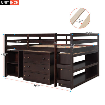 Full Loft Low Study Bed With Cabinet, Shelves And Rolling Portable Desk, Multiple Functions - Espresso