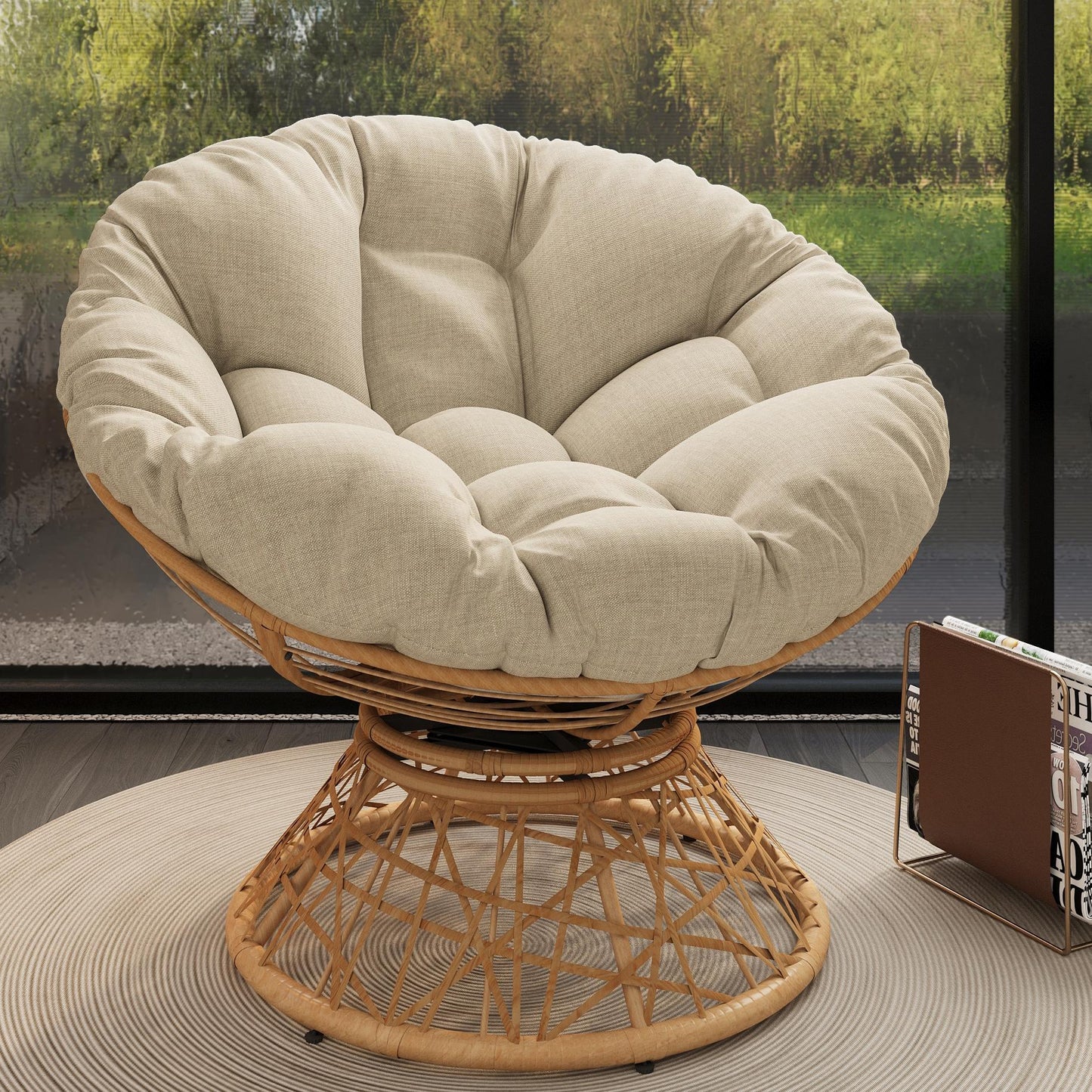 Ergonomic Wicker Chair With Cloud Thick Density Cushion, 3 Proof Cover High Capacity Iron Frame Fluid 360ÔøΩÔøΩÔøΩÔøΩÔøΩÔøΩÔøΩÔøΩÔøΩÔøΩÔøΩÔøΩÔøΩÔøΩÔøΩ Swivel - Beige / Natural