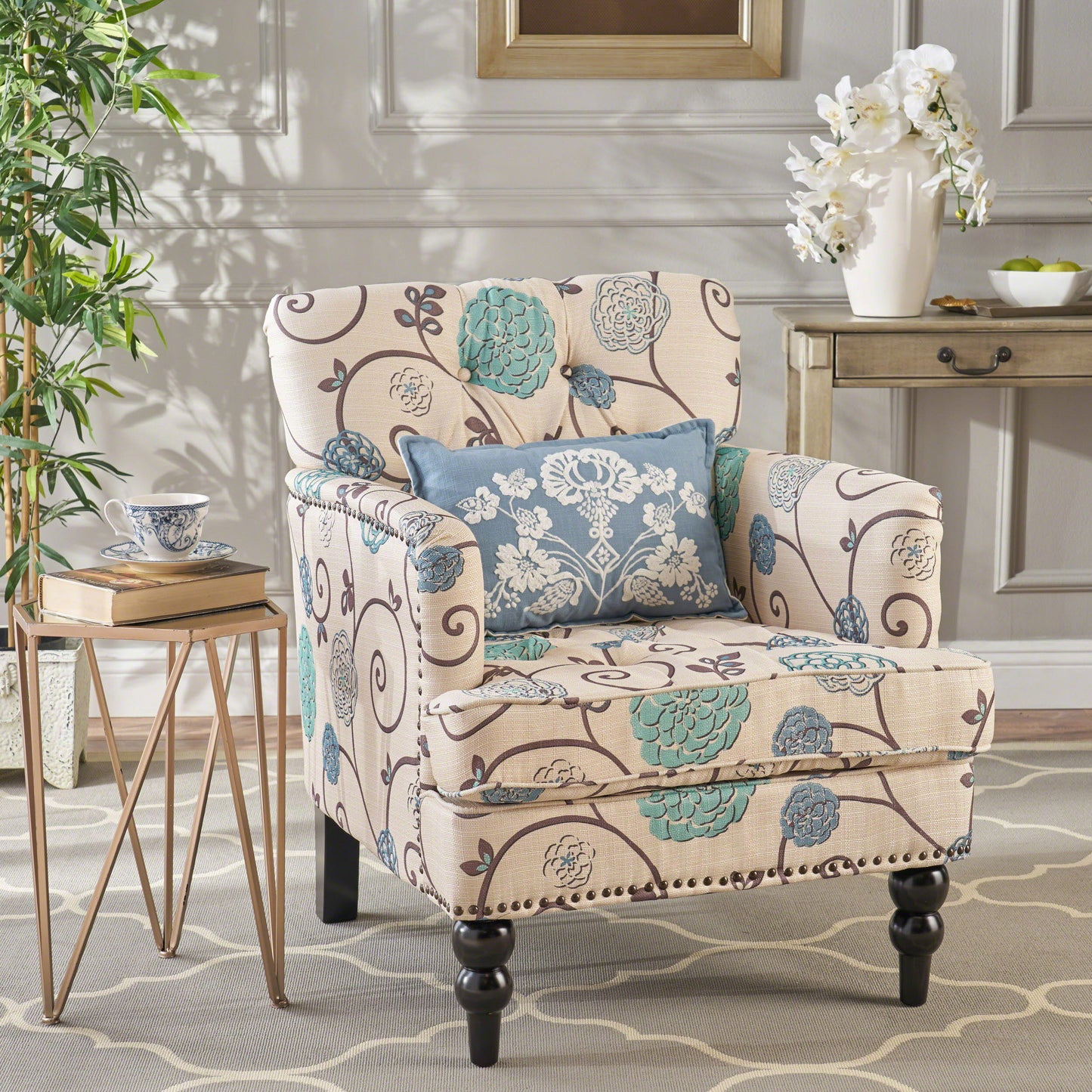 Vitality - Club Chair With Button Tufted Diamond Stitching And Turned Legs - Blue / White