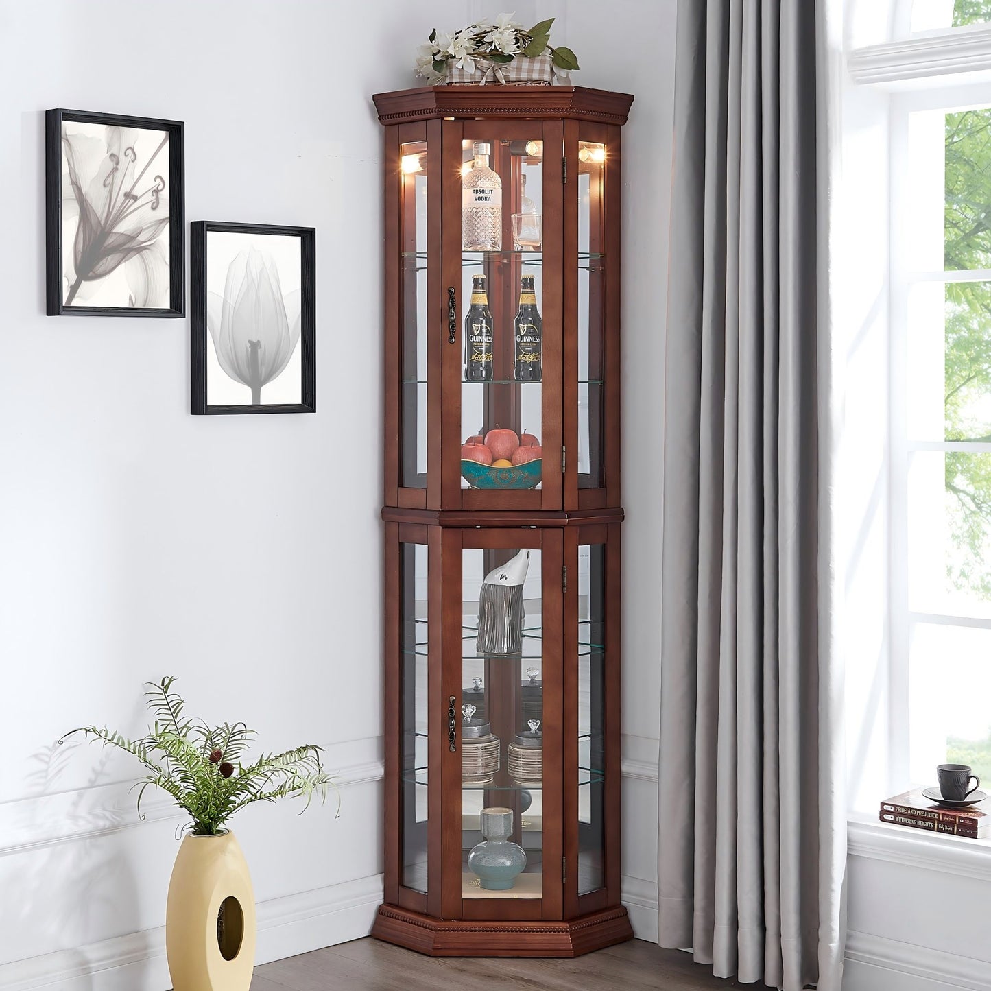 Corner Curio Cabinet With Lights, Adjustable Tempered Glass Shelves, Mirrored Back, Display Cabinet (E26 Light Bulb Not Included) - Light Walnut