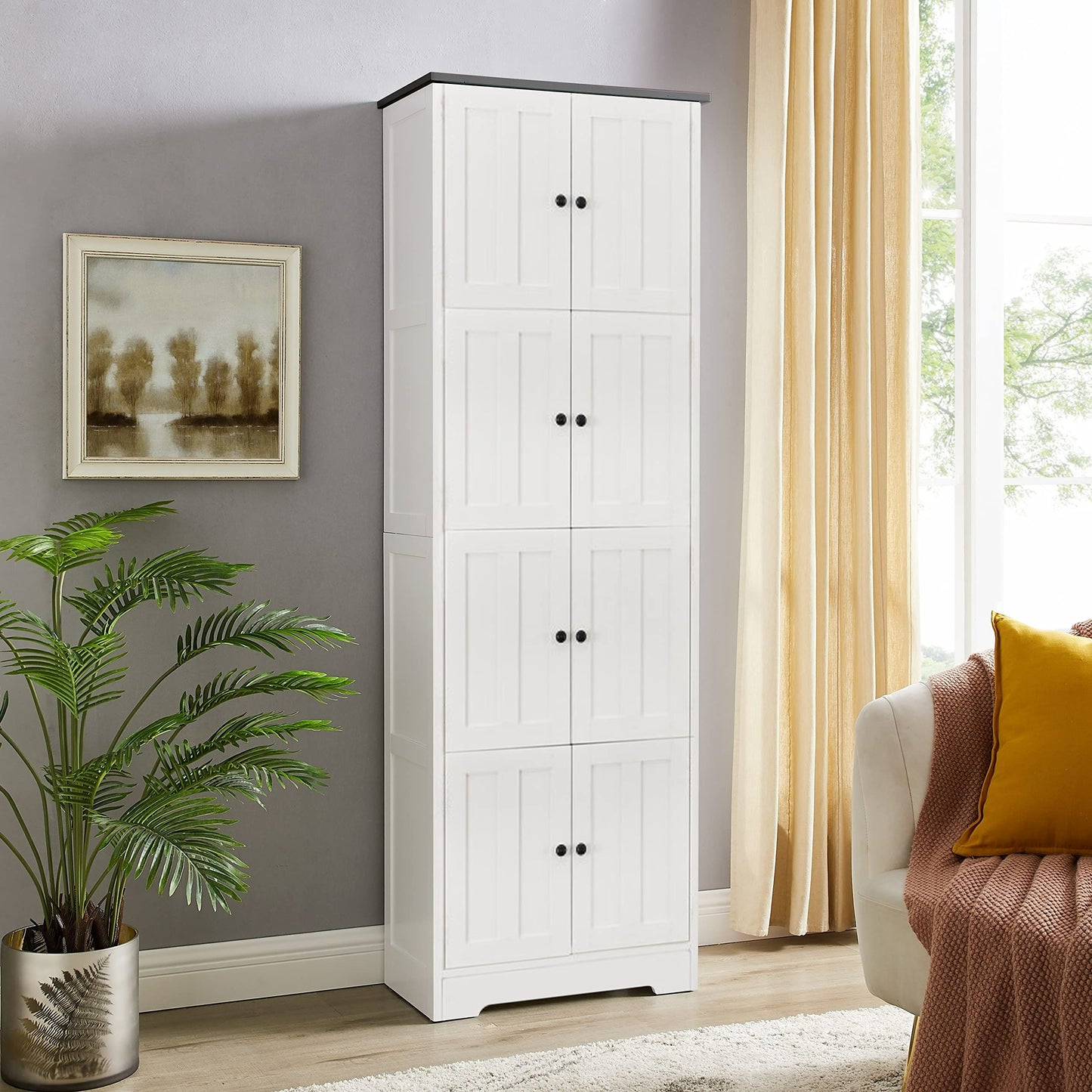 Tall Storage Cabinet With 8 Doors And 4 Shelves, Wall Storage Cabinet For Living Room, Kitchen, Office, Bedroom, Bathroom - White