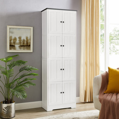 Tall Storage Cabinet With 8 Doors And 4 Shelves, Wall Storage Cabinet For Living Room, Kitchen, Office, Bedroom, Bathroom - White