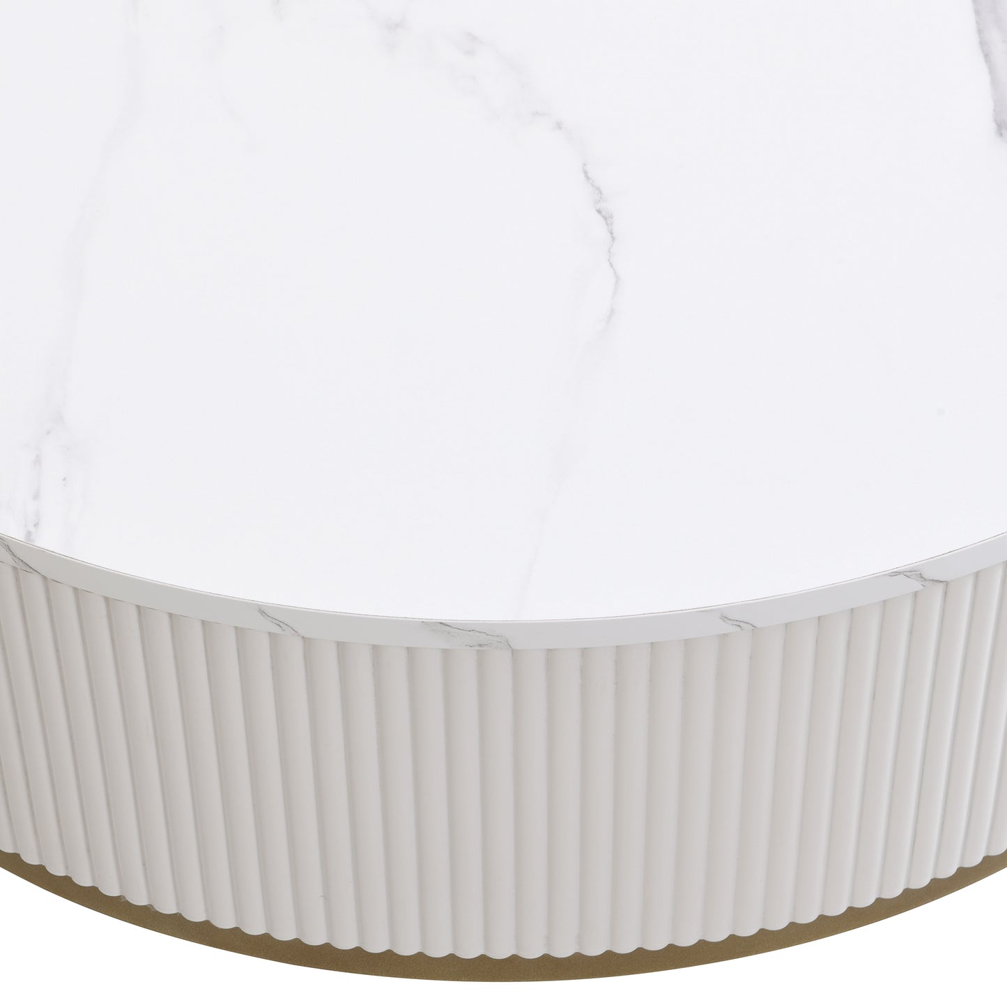 Modern Round Coffee Table With Drawers, Faux Marble, Metal Frame - Off White