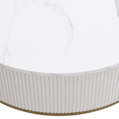 Modern Round Coffee Table With Drawers, Faux Marble, Metal Frame - Off White