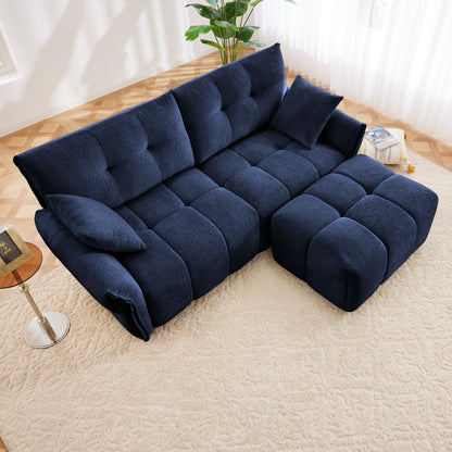 Modern Fabric 2 Seater Sofa With Ottoman Minimalist Design - Blue