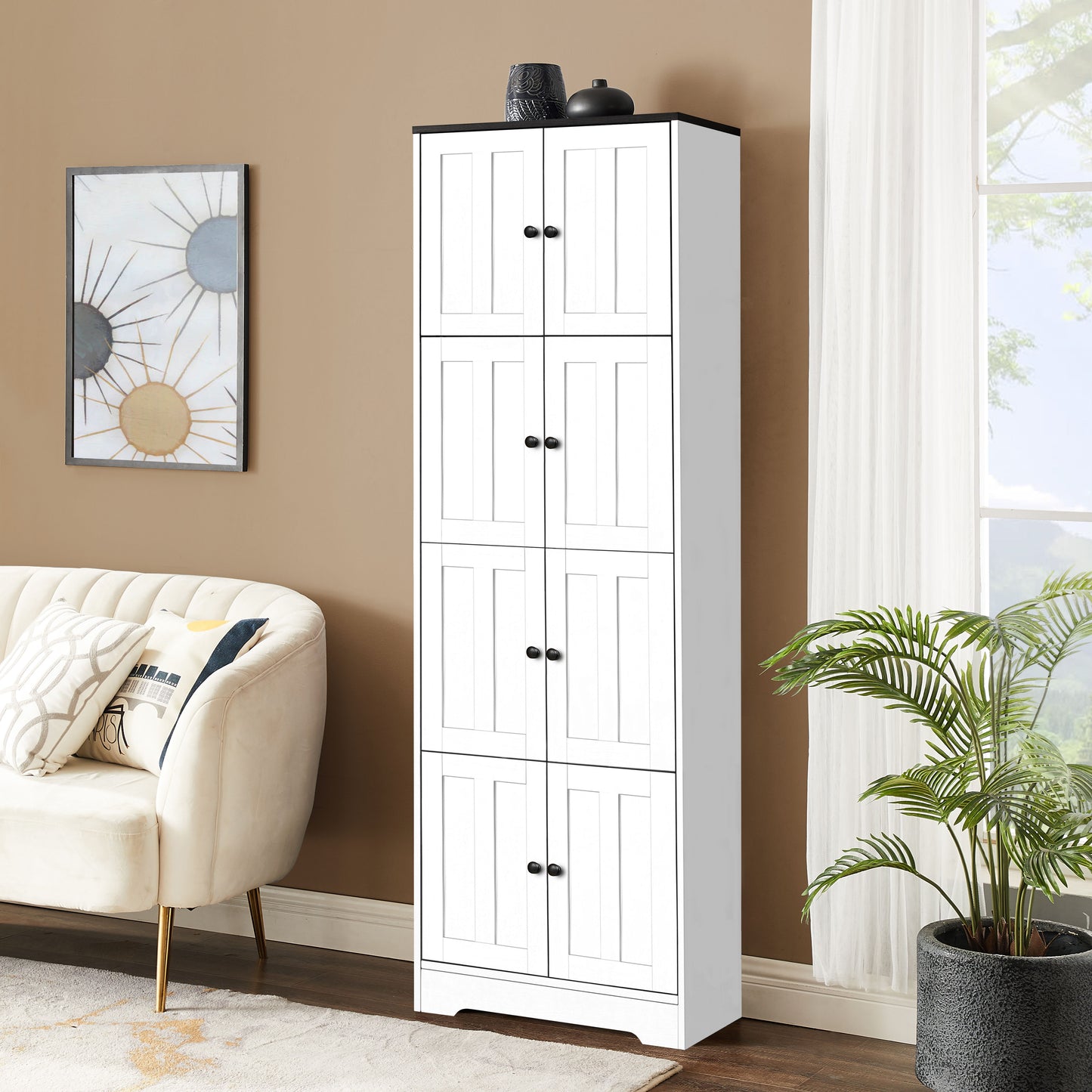Tall Storage Cabinet With 8 Doors And 4 Shelves, Wall Storage Cabinet For Living Room, Kitchen, Office, Bedroom, Bathroom - White