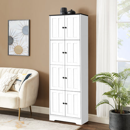 Tall Storage Cabinet With 8 Doors And 4 Shelves, Wall Storage Cabinet For Living Room, Kitchen, Office, Bedroom, Bathroom - White