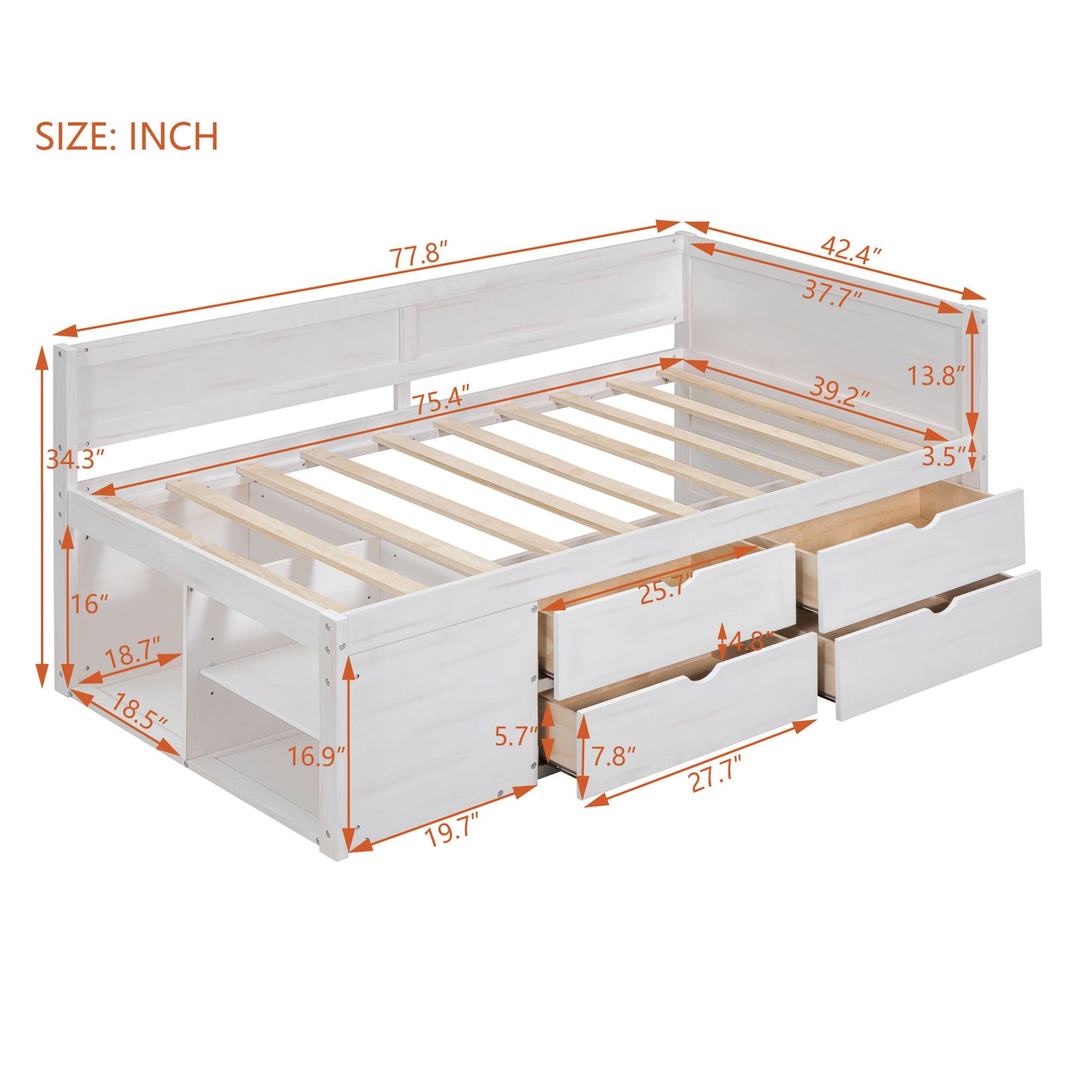 Twin Size Daybed With Drawers And Shelves - White