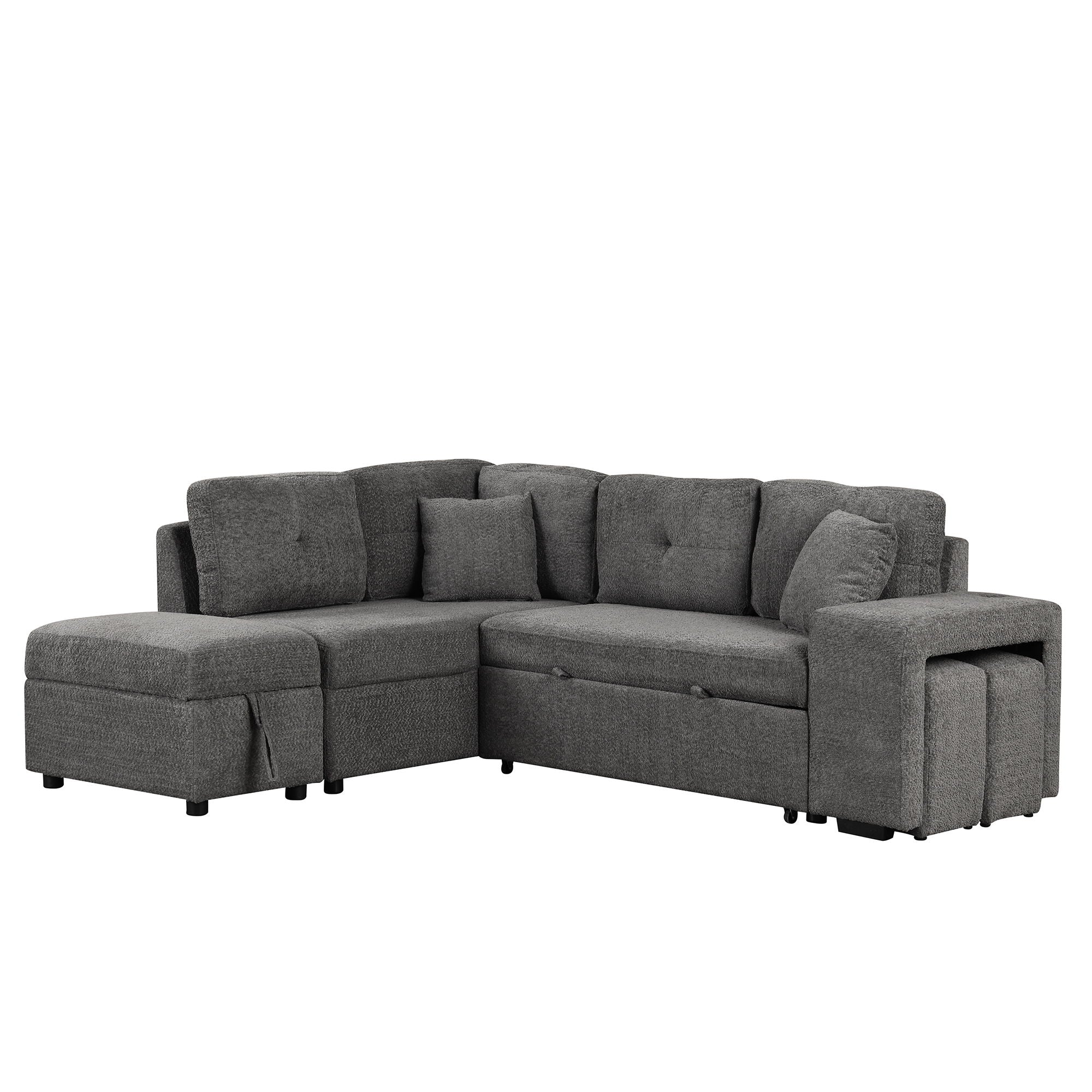 Convertible Sleeper, Sectional Pull Out Sofa Bed With Storage Ottoman, 2 Throw Pillows, 2 Stools, Wireless Charger And Two Hidden USB Ports For Living Room - Dark Gray