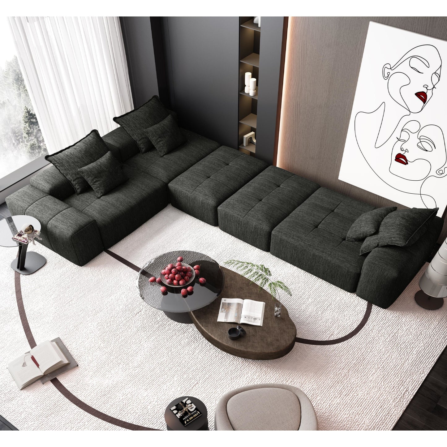 Modern Oversized Modular Sectional Sofa, Sparkling Chenille Fabric Soft Cushion Sofa With 6 Pillows, 6 Pieces Diy Combination Tufted Sofa, No Assembly Required - Black