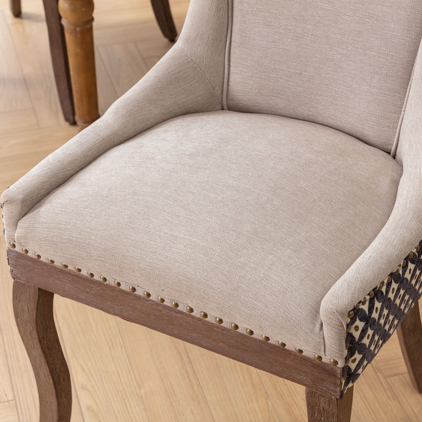 Ultra Side Dining Chair, Thickened Fabric Chairs With Neutrally Toned Solid Wood Legs, Bronze Nail Head, (Set of 2) - Beige / Patterned