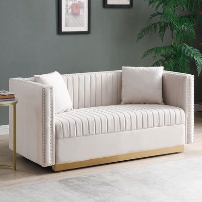 Contemporary Vertical Channel Tufted Sofa Loveseat Modern Upholstered Couch For Living Room With 2 Pillows - Beige