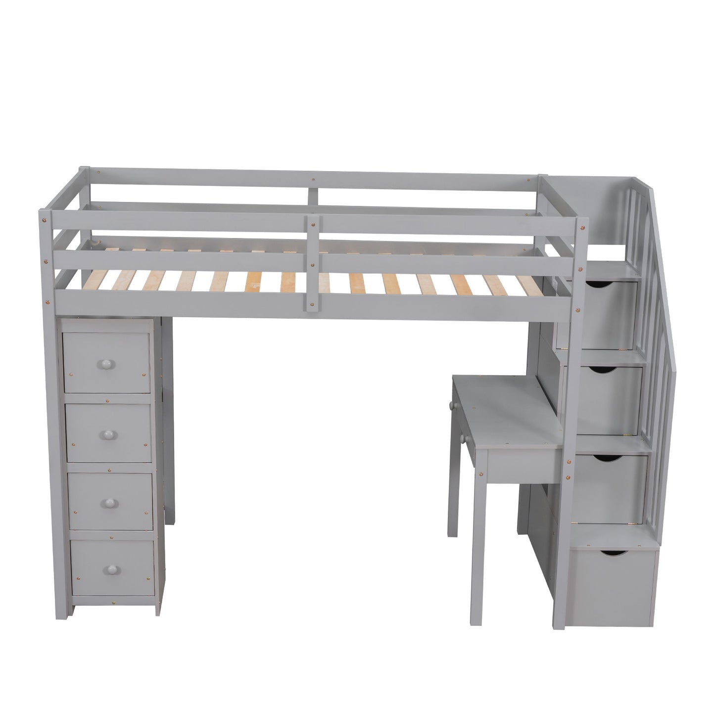 Twin Size Loft Bed With Storage Drawers, Desk And Stairs With Shelves - Gray