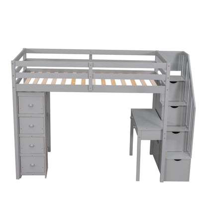 Twin Size Loft Bed With Storage Drawers, Desk And Stairs With Shelves - Gray