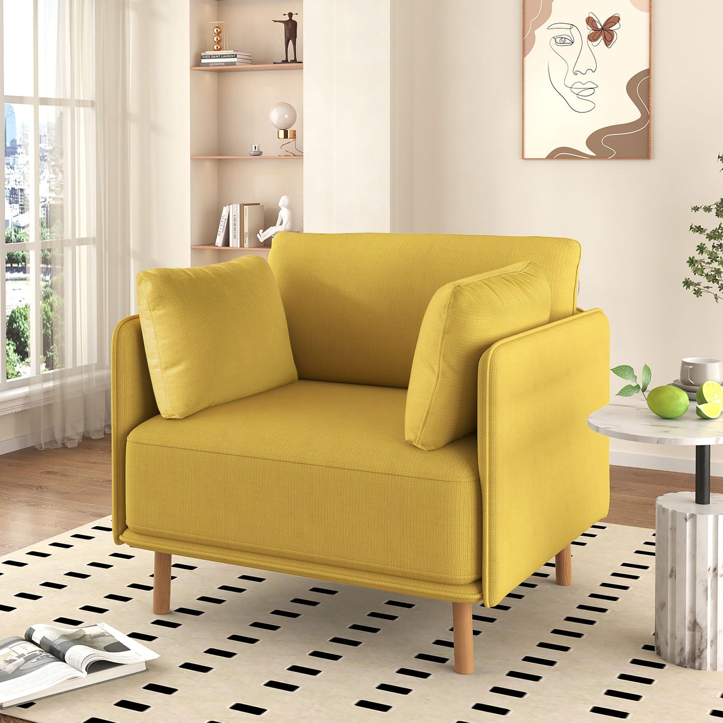 Modern Upholstered Accent Chair With Soft Cushions, Sleek Armrest Design - Yellow
