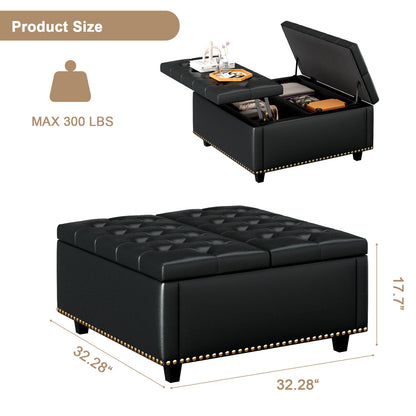Large Square Storage Stool With 2 Storage Doors, Footstool For Living Room Studded Mid - Century Modern Coffee Table - Black