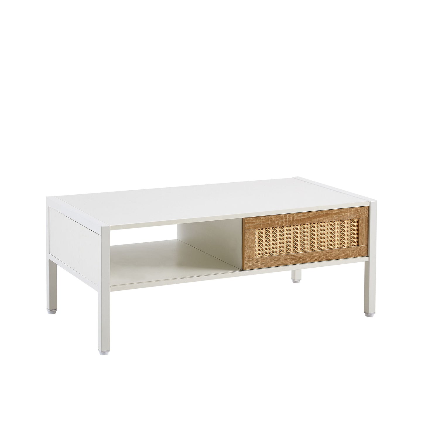 40.16" Rattan Coffee Table, Sliding Door For Storage, Metal Legs, Modern Table For Living Room - White