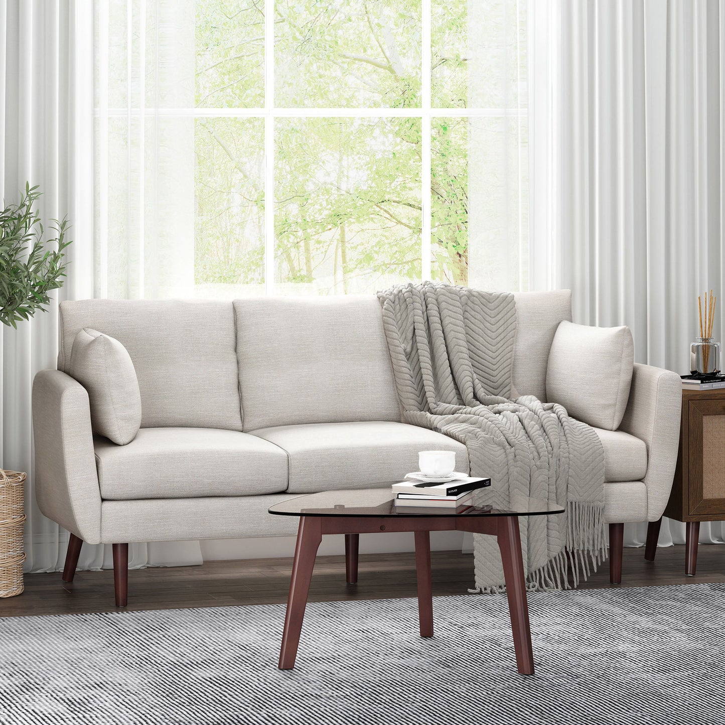 Diaphanous - Upholstered 3 Seater Sofa With 2 Accent Pillows And Wood Legs - Beige