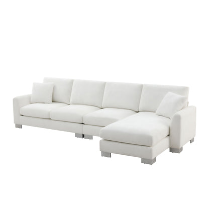Modern Oversized Sectional Sofa, L-Shaped Luxury Couch Set With 2 Free Pillows, 5 Seat Chenille Indoor Furniture With Chaise - White