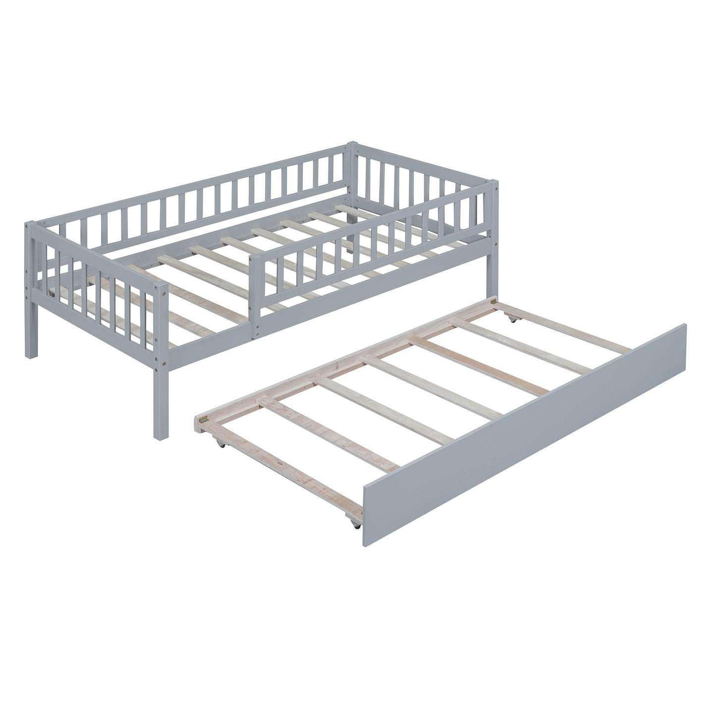 Twin Size Daybed With Trundle And Fence Guardrails - Gray