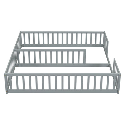Double Twin Floor Bed With Fence, Guardrails, Without Door - Gray
