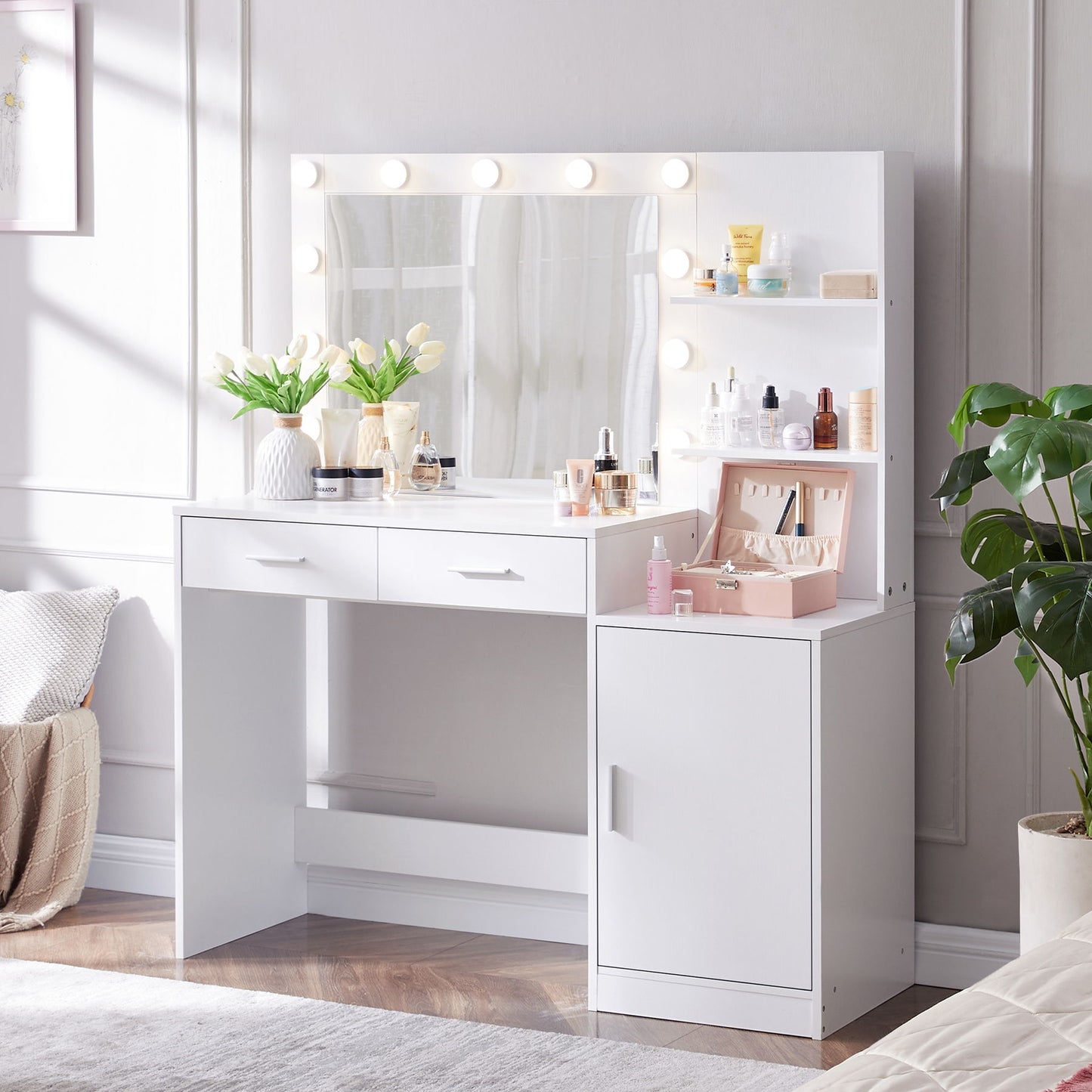 Vanity Desk With Mirror And Lights, 46.4In Dressing Table With 2 Large Drawer & Large Vertical Organizer, 3 Level Dresser & 3 Lighting Modes Adjustable Brightness, Suitable For Bedroom - White