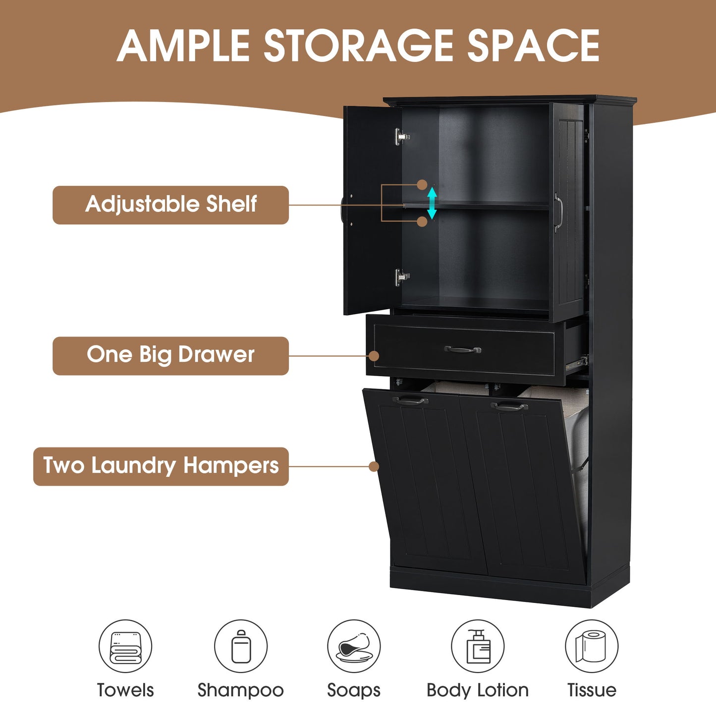 Stylish Bathroom Storage Cabinet With 2 Laundry Baskets And Drawer - Black