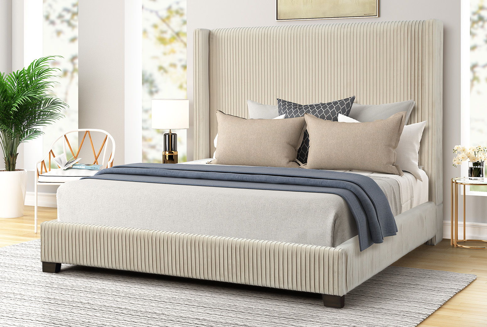Queen Elegant Upholstered Bed - Beige