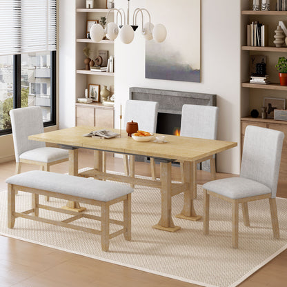 Topmax - 6 Piece Farmhouse Extendable Dining Table Set Trestle Kitchen Table Set With Removable Leaf And Upholstered Dining Chair And Bench For Dining Room - Natural